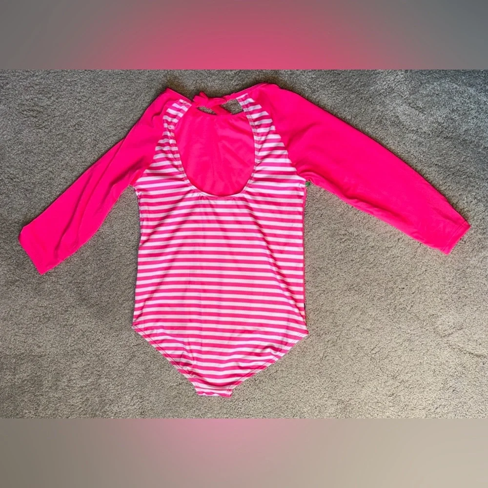 Girls 14/16 Pink Platinum Hot Pink Striped 1 Pc Swimsuit Rash Guard - NWT